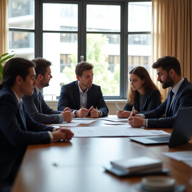 Abogados discutiendo estrategia en una sala de reuniones moderna y luminosa